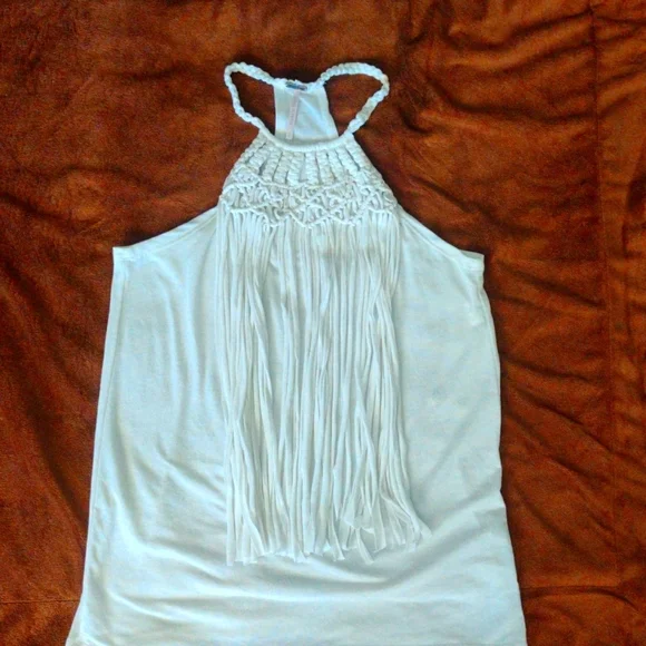 White Tank Top Fringe Racer back Festival Summer Top Short Sleeve Halter Top - Picture 5 of 8